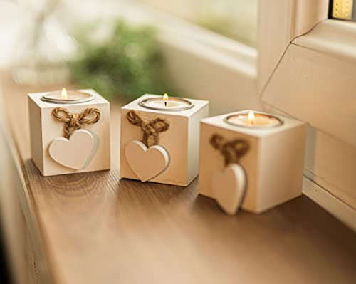 White Wooden Love Heart Box Shabby Chic Candle Holders. Rustic Home Decor Table Centrepiece, Modern 3x Tealight Living Room Accessories Wedding Table Centrepiece