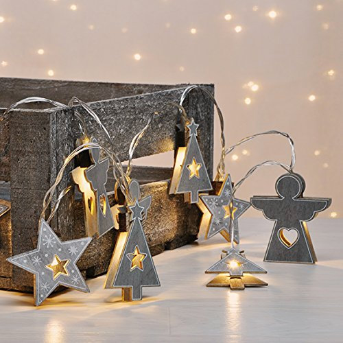 LED-Weihnachtsbeleuchtung Holz 4er Set à 10 Leuchten warmweiß Tischdeko Weihnachtsdeko Innenraum Engel Stern und Weihnachtsbaum beleuchtet