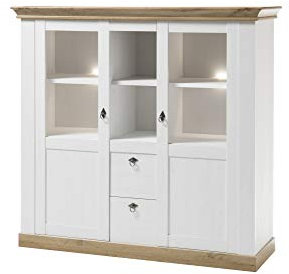Highboard Côte d’Azur, Pinie weiß/Wotan Eiche NB, 148 x 139 x 44 cm, Schrank, Wohnzimmer, Kommode, Hochkommode, Wohnzimmerschrank Ausführung ohne Beleuchtung