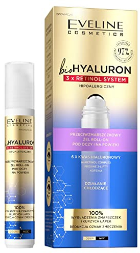 EVELINE COSMETICS Biohyaluron 3x Retinol System Anti Wrinkle Roll On Gel for Lids Under Eye Area Reduces Crows Feet Vegan Formula 97% Natural Composition Night 15ml