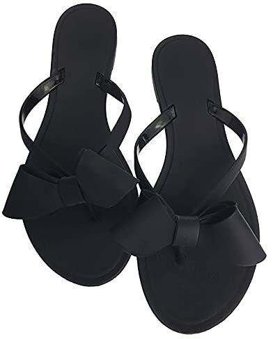 Damen Flip-Flops Perlen Schleife Sandalen Strand Flach Nieten Regen Gelee Gold Perlen, Schwarz (schwarz), 42 EU