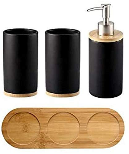 FülleMore Keramik Badzubehörset Bad Accessoires Set mit Bambus Tablett Badzubehör Set,Seifenspender,2xZahnputzbecher für Bad Dusche Küche Waschbecken (Schwarz)