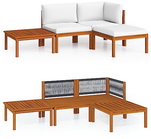 vidaXL Salon de Jardin 4 pièces avec Coussins, Bois d'acacia crème et Corde
