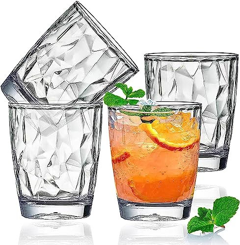 4 Pack Plastic Water Tumblers, 10oz Transparent Unbreakable Drinking Glasses, Stackable Portable Acrylic Reusable Wine Cups Personalised Cocktail Whiskey Glass Set for Home Party, Dishwasher Safe