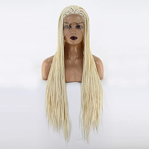 Towarm Platinblonde geflochtene Kunsthaarperücke für schwarze Frauen, 61 cm, hitzebeständige Faser, Mikrobox-Zöpfe, afrikanisches Haar (Platinblond)