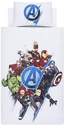 Disney Home Marvel Avengers Reversible Two Sided Duvet Cover Set, Iron Man Spiderman Captain America Hulk, 100% Cotton, Single Size, 2 pieces, Multi Coloured, 135x200cm + 50x70cm (54 x 79 inches)