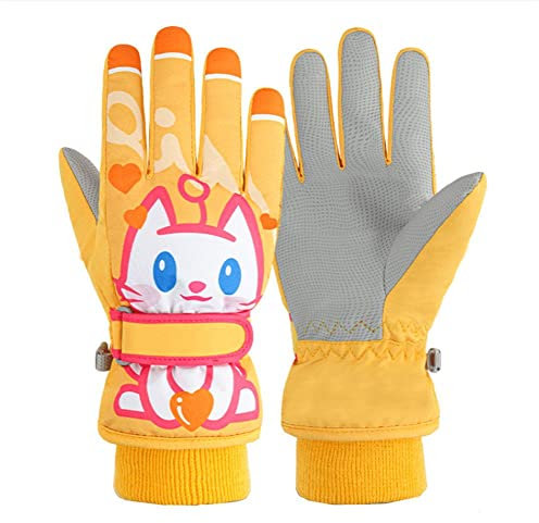GIVBRO Winter-Skihandschuhe mit Katzen-Motiv, bedruckt, Outdoor-Sporthandschuh, Schnee-Fäustlinge für Radfahren, Laufen, Wandern, Zubehör, Gelb, L