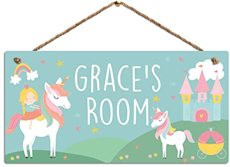 Personalised Children's Bedroom Door Sign. Custom Name Plaque. Gloss Metal. Unicorn Princess Theme Nursery Wall Art for Girls Boys Baby Room Decor