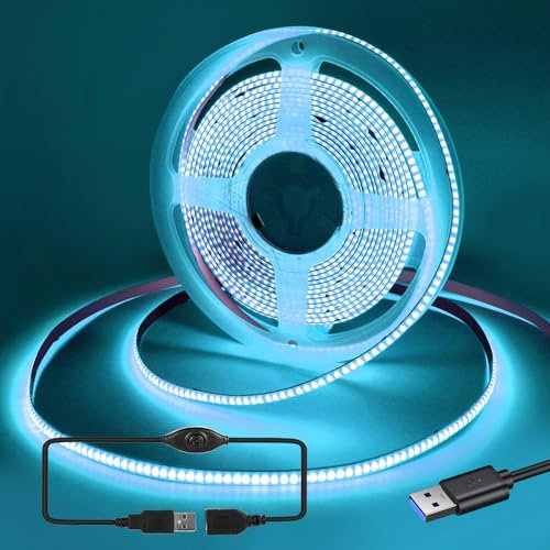 RYE USB Power 1.5M 5V COB Lightblue LED Strip Light Kit,320LEDs/M,CRI80+,Flexible Rope/Tape Light for TV Monitor Backlight,Mirror,Cabinet,Wardrobe,Cupboard DIY Lighting,with Dimmer.