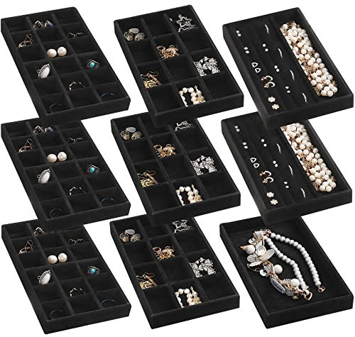 Frebeauty Schmuck Organizer Tablett, stapelbare Samt Schmuck Tabletts, Schublade Einsätze Ohrring Organizer für Frauen Mädchen Schmuck Lagerung Vitrine für Ringe Stud Halsketten, Set 9(Schwarz)