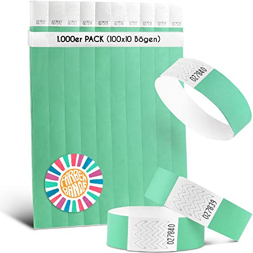 FARBEN BANDE® 1000 Einlassbänder Aqua/Eintrittsbänder 19mm aus Tyvek/Party Bändchen reißfest, wasserdicht und nummeriert/farbige Partybänder/Einlassbändchen für Party, Festival & Feste