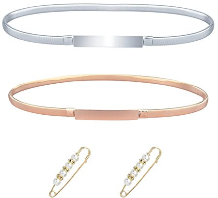 Cinture in metallo 2 pezzi, oro e argento, cintura a catena per abiti e pantaloni, catena con elastico, cintura sottile decorativa semplice e attillata e versatile, con spille 2 pezzi.
