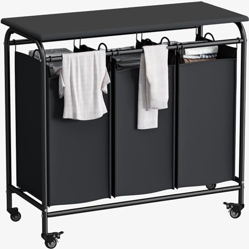 LINZINAR 3 Bag Laundry Basket Sorter Heavy Duty Rolling Lockable Wheels Laundry Hamper Cart with Ironing Board and Removable Bags, Black