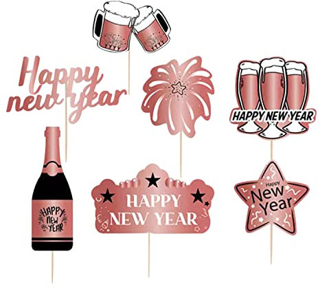 Trimming Shop Lot de 7 décorations de cupcakes « Happy New Year » 2025 - Décorations de table pour le Nouvel An - Fournitures de fête 2025 - Rose