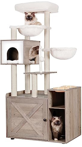 Hey-brother Cat Tree with Litter Box Enclosure, Modern Cat Tower for Indoor Cats with Large Platform, Condo Food Station and 2 Hammocks, All-in-one Cat Furniture, Wood Rustic Gray MPJ115SG