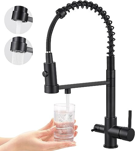 3 Wege Wasserhahn Küche, Ausziehbar Küchenarmatur, Spültischarmatur aus Messing, 3 in 1 Mischbatterie für Wasserfilter (Matt Schwarz)