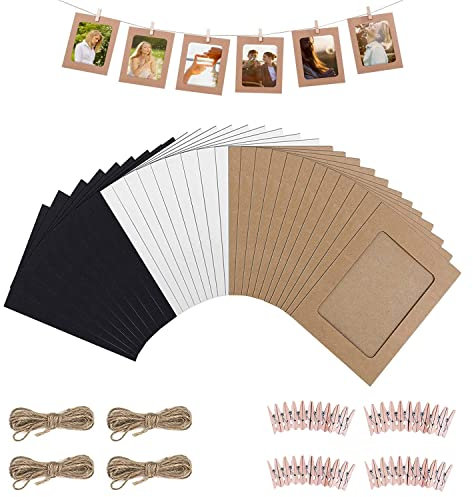 GOIEHIR Braun Papier Fotorahmen, 40 Pcs Kraftpapier Bilderrahmen, Papier Bilderrahmen, 11,5 x 15,5 cm, zum Aufhängen von Bildern Postkarten mit 40 Holzklammern und 4 Hanfseil, 3 Farben