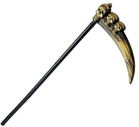 Ultra Triple Skull Halloween Plastic Scythe Prop Toy Age 3+ for Kids Syth Halloween Costume Accessory Fancy Dress Party Weapon Lightweight Safe Mens Womens Boys Girls Cosplay Reaper Prop Weapons