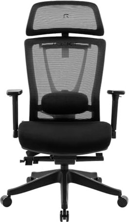 REKT Office-R V2- Chaise de Bureau Ergonomique - 12 réglages - Fauteuil de Bureau avec Support Lombaire - Appuie tête - Profondeur d'assise - Assise 55Kg/M3 Confort (Noir/Noir)