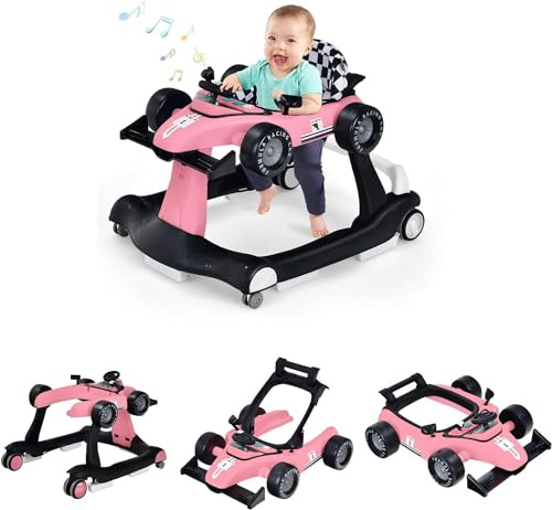 RELAX4LIFE Girello per Bambini 6-18 Mesi, Baby Walker 4 in 1 Trasformabile, Carrello Primi Passi e Macchinina a Spinta con Luci e Suoni, Altezza Regolabile, Pieghevole (ROSA)