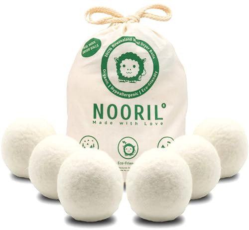 Nooril Tumble Dryer Balls Pack of 6 - Handmade Reusable Organic Wool Laundry Balls for Fabric Softening, Reduce Drying Time, Noise, Static-Cling & Wrinkles with No Bad Odor