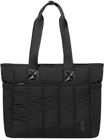 VASCHY Puffer Tote Bag for Women, Lightweight Utility Work Quilted Puffy Laptop Tote Purse with Compartments Zipper Handbag for Teachers/Travel/Shopper,Black