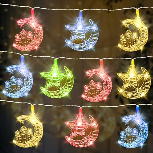 Abnaok Ramadan Lichterkette Deko 3M 20 Muslim Eid LED String, Eid Stern Mond Lichterketten Ramadan Lichter Deko Led Bunte Lichter