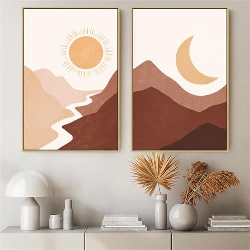 Viusneun 2er Premium Poster Set, Moderne Abstrakte Sonne und Mond Bilder Wanddeko, Boho Kunst Wandbilder Wohnzimmer Schlafzimmer, OHNE Rahmen (40x50cm)