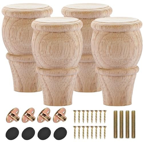 Btowin VCF 4 Inch / 10cm Wooden Furniture Legs, 4PCS Solid Wood Carved Geometry Sofa Legs Unfinished DIY Replacement Bun Feet with Mounting Plate & Screws for Sofa Cabinet Couch Table TV Stand