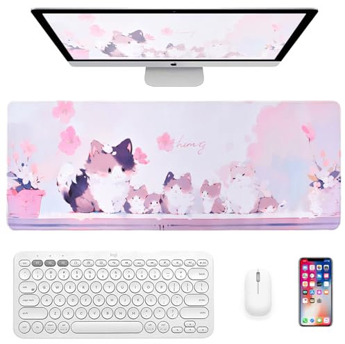 Large Anime Gaming Keyboard Mat, Anime Cat Desk Pad with Non-Slip Rubber Base, Computer Desk Mat with Kitten Pattern, Anime Desk Mat with Smooth Surfaces for Gaming, Office, Home, 800×300×3MM(Cat-001)