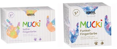 Kreul 2321 - MUCKI Softie-Fingerfarbe, 6 x 150 ml, Pastellfarben auf Wasserbasis & 2318 - Mucki schimmernde Funkel - Fingerfarbe, 4 x 150 ml in rosa, blau, silber und gold
