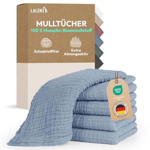 Laleni Spucktücher Baby im 30er Set aus Reiner Baumwolle - schadstofffreie Mulltücher Baby 70x70 zert.saugstarke Mussellintücher weich - Musselin Tuch als Mullwindel waschbare Mulltücher - Blau