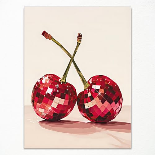 XMJJQQ Trendiges Disco-Kugel-Druck-Poster, flippige Disco-Kirschen, Kunst-Leinwand, rote Kirschen, Obst-Wandkunst, Party-Thema, Barwagen, Wandkunst, Wohnheim, Wohnung, Wanddekoration, 30,5 x 40,6 cm,