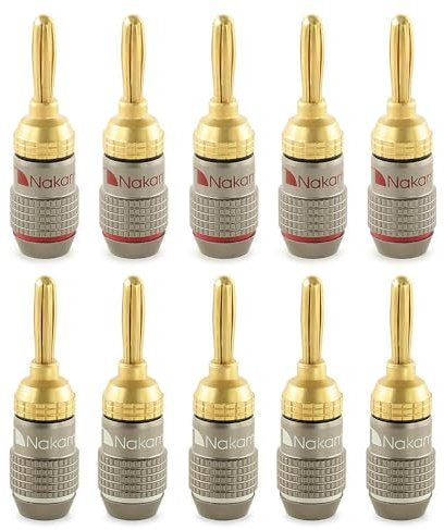 Nakamichi FanLock Excel-Serie 24 Karat vergoldeter Bananenstecker, 10 AWG – 18 AWG, 4 mm Dicke für Lautsprecherverstärker, Hi-Fi Stereo Heimkino Audiokabel Schnellanschluss, 10 Stück (5-Paare)