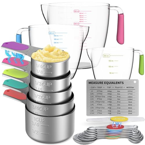 Minteem Magnetic Stainless Steel Measuring Cups and Spoons Set for Cooking & Baking, 3 Plastic Measuring Cups, 5 Magnetic Measuring Cups, 7 Magnetic Measuring Spoons, 1 Leveler, 1 Measuring Chart