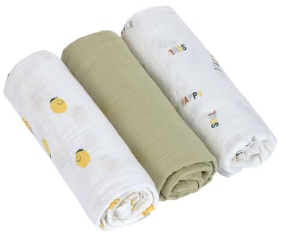 LÄSSIG Baby Puckdecke Spuckdecke Pucktuch Mulltuch 3er Set Baumwolle 85 x 85 cm/Swaddle & Burp Blanket L Happy Fruits Lemon