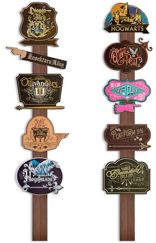 Conquest Journals Lot de 12 panneaux de signalisation directionnelle Harry Potter Wizarding World 25,4 x 22,9 cm et 2 poteaux de 122 cm, papier cartonné, décorations de fête ou décoration d'intérieur,