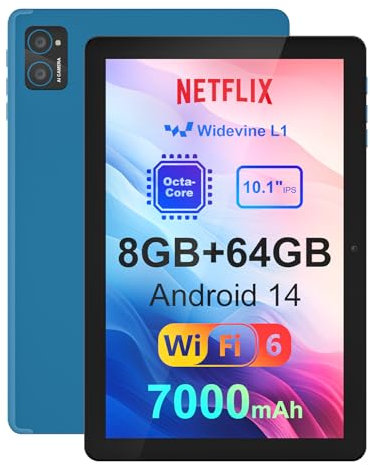 10 inch Android 14 Tablet: 8GB+64GB+1TB Expandable, Widevine L1 Netflix Certified, 8-Core CPU A523 Android Tablet, 7000mAh Battery, OTG Face Recognition Metal Body + Stand Case