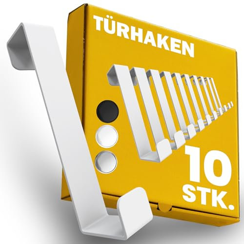 Menz Türhaken zum Einhängen - 10 Stück Kleiderhaken für Tür, kompakte Haken zum Einhängen mit hoher Tragkraft, platzsparende Türgarderobe, flexible Türhakenleiste, weiß