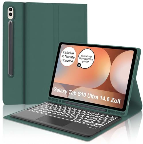 IVEOPPE Tastatur für Samsung Galaxy Tab S10 Ultra 2024, Hülle mit Tastatur Galaxy Tab S10/S9 Ultra, Abnehmbarer QWERTZ Layout Keyboard für Samsung S9/S10 Ultra 14.6 Zoll, Dunkelgrünes