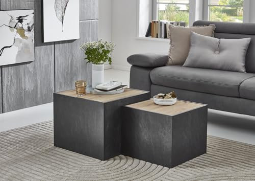BMG Möbel Wohnzimmer Couchtisch 2er Set in Würfelform, stapelbar, 50 x 50 cm und 43 x 43 cm, Schiefer Dekor, Absetzung in Artisan Eiche oder Weiß (Schiefer/Artisan)