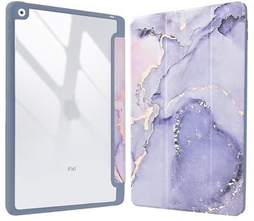 Vozehui Funda de mármol morado de 10.2 pulgadas para iPad de 9ª/8ª/7ª generación con carcasa trasera transparente con soporte para lápices, funda protectora de soporte triple con encendido automático
