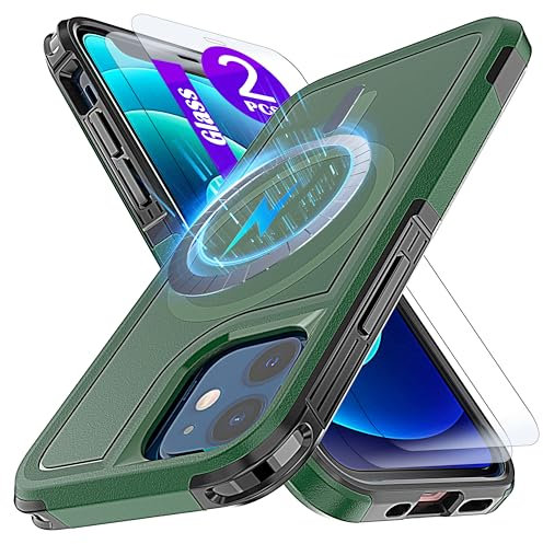 YmhxcY Magnetic for iPhone 12 Mini Case 5.4-Inch,Compatible with MagSafe,[2 Pack Tempered Glass Screen Protector] Shockproof Military-Grade Protection case-Green