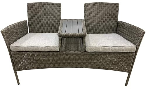 kynast exklusiv Gartenbank 2-Sitzer 139 x 85 cm mit Tisch & Sitzpolster Rattanoptik grau
