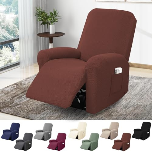 BOYIFEIJIE 1-Sitzer Sessel Überzug, Sesselbezuge Stretch mit Taschen, All-Inclusive Streifen-Jacquard Sesselschoner für Fernsehsessel Relaxsessel Sesselhusse (Dunkelbraun, 4-Teilig)