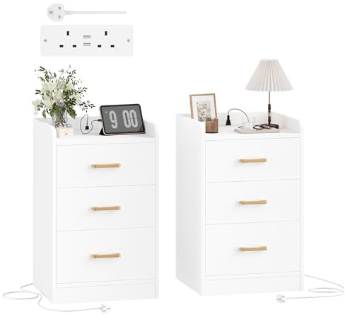FirFurd Bedside Table with Charging Station, Set of 2 Bedside Cabinet Nightstand with 3 Drawers, 2 AC Outlets 2 USB Ports, Baffle, White Side End Table for Bedroom Living Room 40x38x66cm