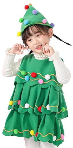 Generico Vestito Bambina Albero di Natale Manica Lunga Ragazze Albero di Natale Costume, Accessori Abbigliamento,Cappello e Vestito dell'alberi di Natalizio,Spettacolo di Natalizio Cosplay Dress Up