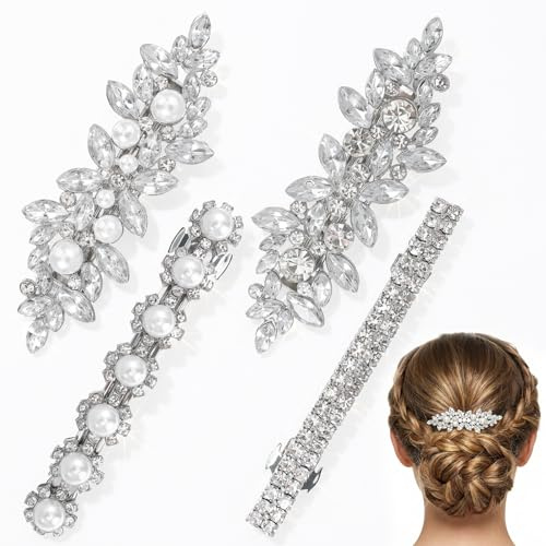 SHENLIU 4 Stück Glitzer Haarspangen Silber, Strass & Zinklegierung Haarschmuck Hochzeit für Braut, Elegante Französische Haarspangen 4 Designs (Silber)
