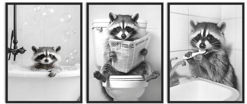 Dazzlewall 3-teiliges Waschbär Badezimmer Wandbild Set， Schwarz Weiß Humorvolle Tier Poster für Badezimmer Deko 30x40cm Ohne Rahmen