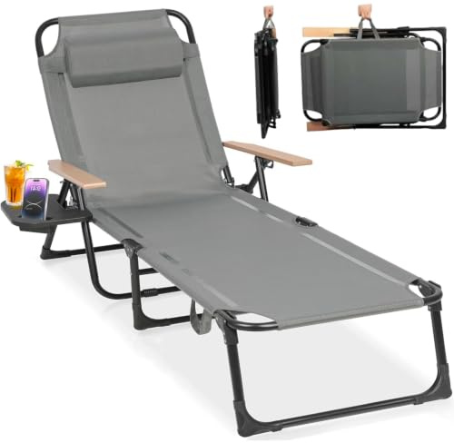 SANEIOUI Strandliege Klappbar Leicht, Gartenliege Wetterfest, Sonnenliege mit Rstellbarer Rückenlehne, Nackenkissen und Getränkehalter, Liegestuhl Für Balkon, Garten, Pool und Strand (grau)